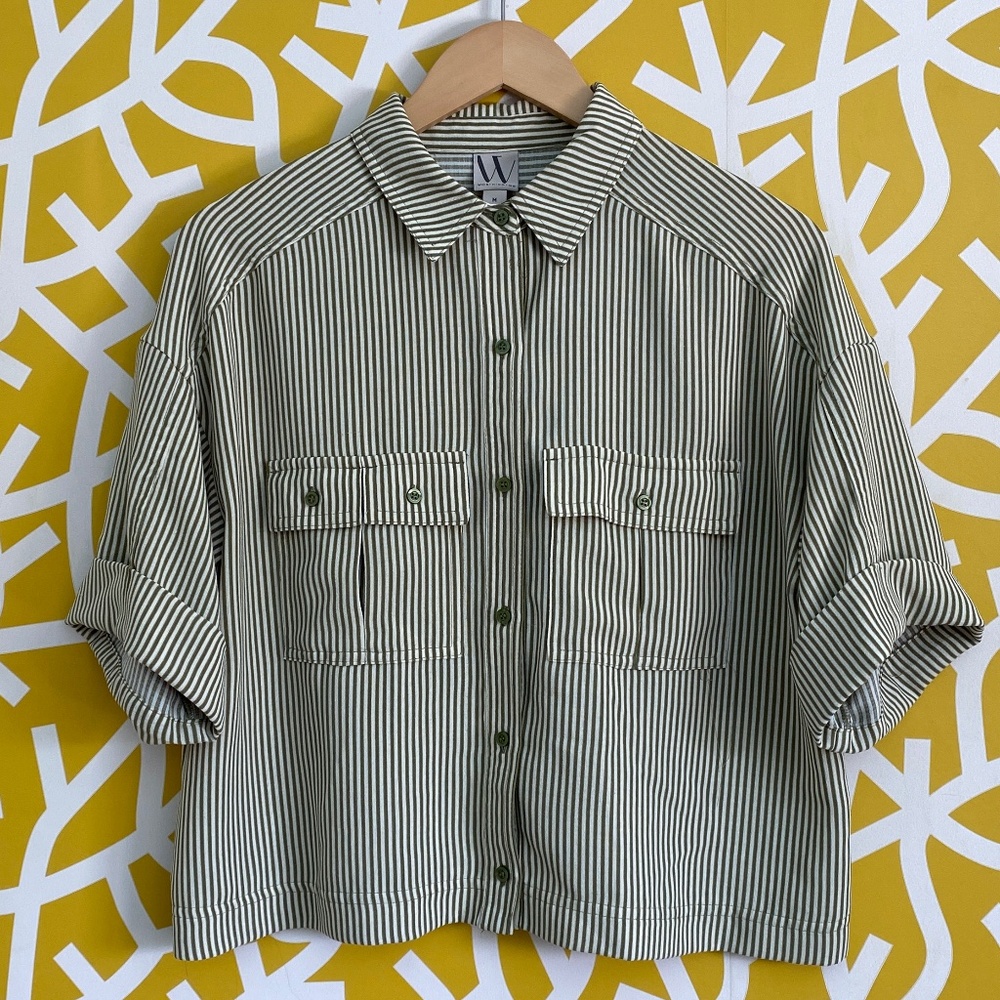 Green White Pinstripe Worthington Safari Pocket Boxy Button Down Blouse - Medium